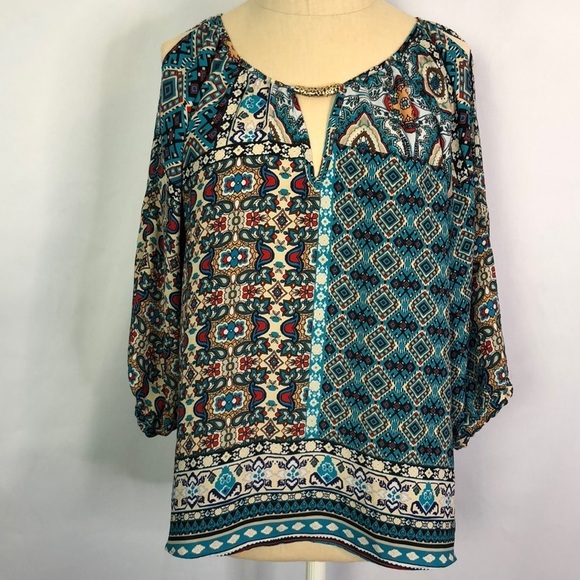 BCX Tops - BCX Womens Slit Sleeve Floral Blouse 3/4 Sleeve Keyhole Neck Bohemian